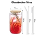 Preview: Abbildung eines 16 oz Glasbechers mit Bambusdeckel, Glastrinkhalm und Reinigungsbürste. Der Becher hat einen Durchmesser von 7,5 cm und eine Höhe von 14,5 cm. Der Trinkhalm und die Bürste sind jeweils 20 cm lang. Der Becher ist mit rotem Getränk und Orang